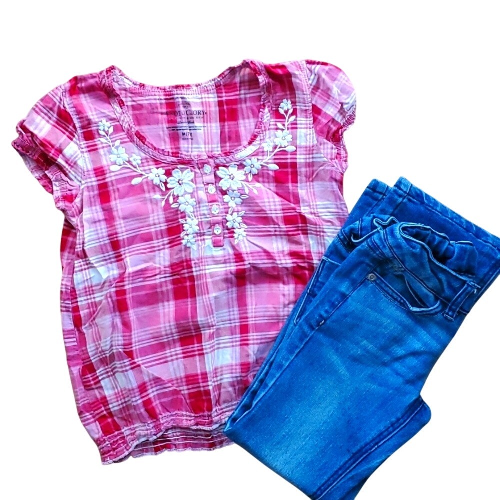 Girls‎ Faded Glory Embroidered Pink Plaid Top & Canyon River Blues Jeans Size 7